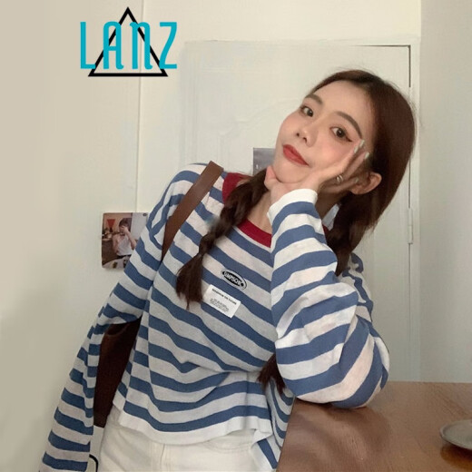 Lan Ye summer 2020 new style Harajuku style contrast striped long-sleeved sweater women's thin sun protection blouse short T-shirt top blue one size fits all