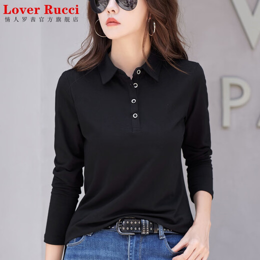 LOVER RUCCI pure cotton lapel long sleeve T-shirt for women loose 2025 autumn new style top POLO collar t-shirt shirt 9853 white S recommended 80 to 95 Jin [Jin equals 0.5 kg]