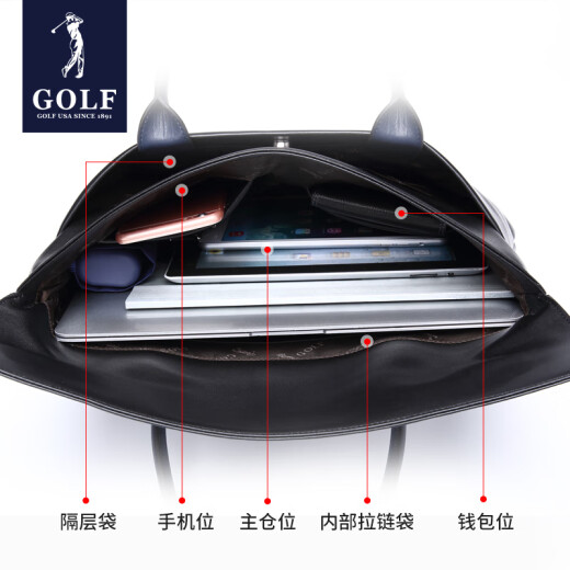 GOLF briefcase business men's handbag first layer cowhide large capacity cowhide bag light casual simple black