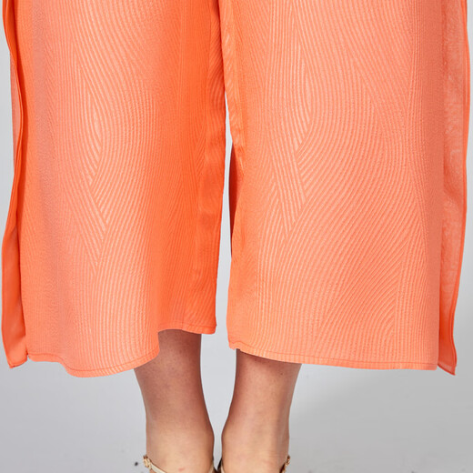 VOA jacquard crown crepe round neck short sleeve ruffle fashionable age-reducing loose straight mulberry silk jumpsuit KE688 Qinyuan Pink Orange (F49) XL