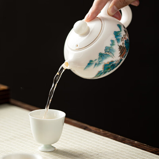 Gold inlaid jade mutton fat jade porcelain Xishi pot Chinese style ceramic teapot drinking tea kettle Kung Fu tea set household single pot