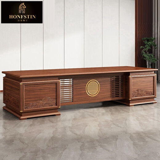 HONFSTIN Desk Boss Desk Solid Wood Executive Desk New Chinese Style President Desk and Chair Combination Large Bookcase Office Furniture Customized 2.6 Meter Boss Desk
