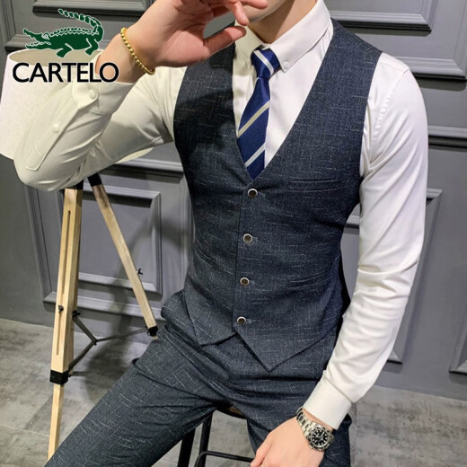 CARTELO crocodile suit men's business casual three-piece suit men's professional formal groom groomsman plaid suit suit male 1F224101886 black gray L