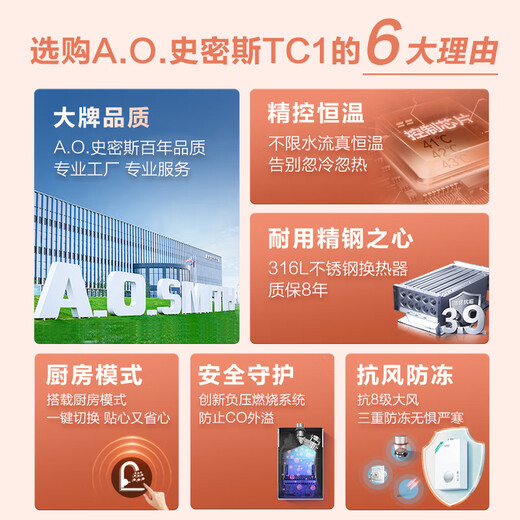 Smith (A.O.SMITH) Garnet 16-liter stainless steel gas water heater, national subsidy, stainless steel heat exchanger package for 8 years, constant temperature, large water volume, wind resistance and anti-freeze JSQ31-TC1