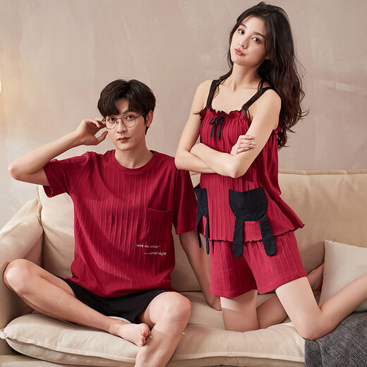诗静雅 情侣睡衣女夏季纯棉薄款短袖家居服夏天时尚红色本命年结婚套装 CXH 12138吊带情侣 XL -女款