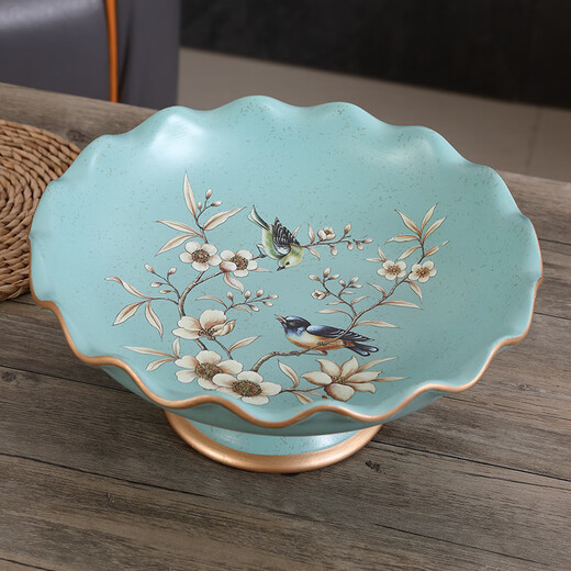 蒂拉欧式水果盘创意大果盘家用干果盘家居装饰品摆设工艺品摆件瓜果盘 1047蓝莺花开款