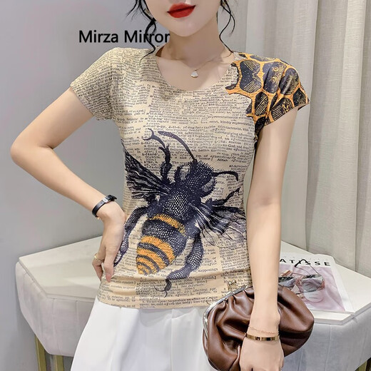 蜜莎蜜拉（Mirza Mirror）创意印花短袖T恤女2024夏季新款欧货设计感修身洋气半袖体恤上衣 7029# S