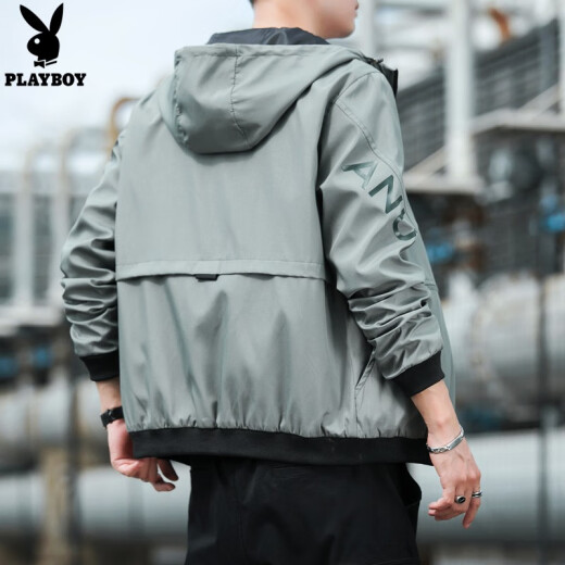 Playboy Jacket Men's Jacket Spring Men's Hooded Clothes Korean Style Fashion Casual Tops Youth Outerwear Boys Spring Men's Bean Green XL