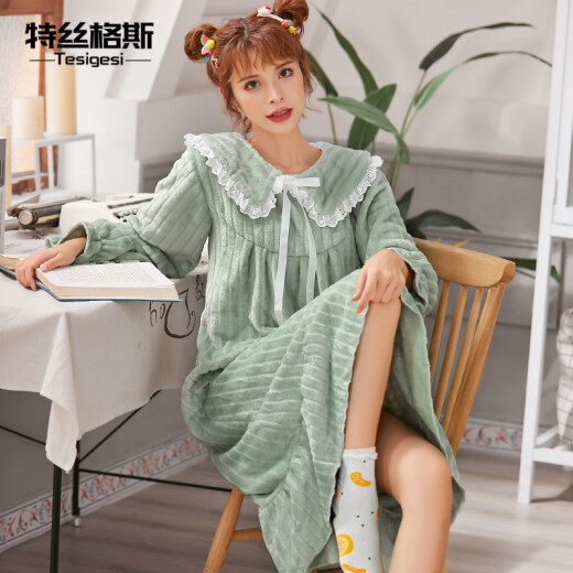 Tessgus pajamas for women in autumn and winter thickened coral velvet nightgown princess style sweet and cute flannel home wear long maternity skirt fruit green M