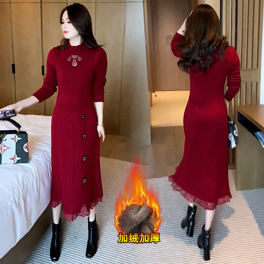 丽依歆加绒加厚长款针织连衣裙女冬款毛衣2025春季新款时尚配内搭打底裙 黑色加绒 902 L 【100-115斤】