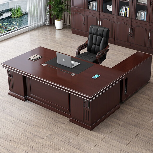 Miafei Boss Desk Modern Simple Straight Side Office Desk President Desk New Chinese Style Office Desk and Chair Single Office Furniture Combination 2 Meter Desk + Double Cabinet + Boss Chair + 4 Door Bookcase