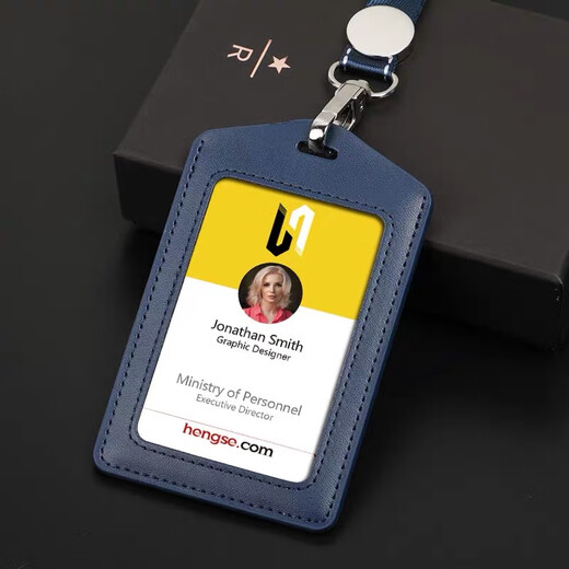 Hengse Working Card Certificate Card Case and Badge Customized Horizontal Version Genuine Leather Industrial Brand Label Label Label Label Label Access Card Certificate Set L702 Black + Lanyard (Double-sided Transparent)