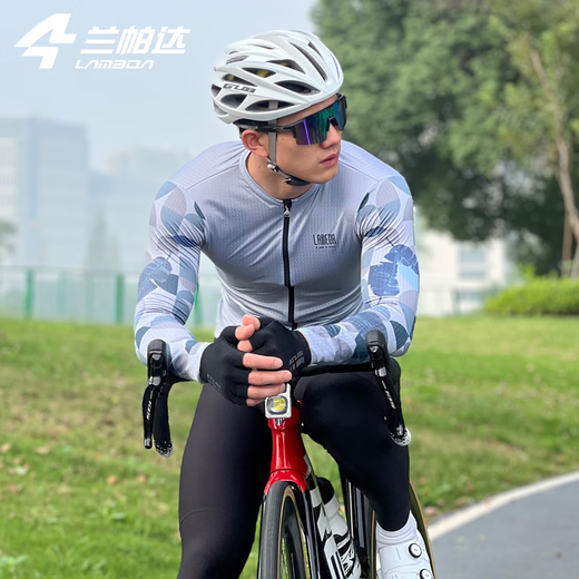 Lampada Cycling Jersey Men's Road Cycling Long Sleeve Top Summer and Autumn Sweat-wicking Quick-Drying Long Cycling Jersey Suit Fashion Light Gray Blue + Xunguang Trousers Black 2XL (Suitable for Weight 160-179Jin Jin is equal to 0.5kg)