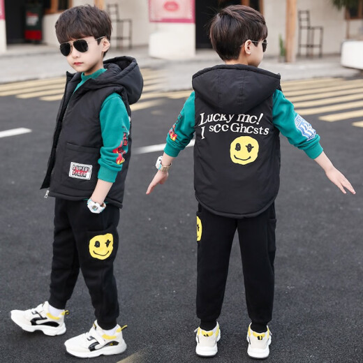 Taodi Cat Children's Clothing Boys Suit Winter Three-piece Set 2020 Winter Children's Suit Boys Autumn and Winter Style for Medium and Large Children New Sports Handsome Casual Printed Vest Jacket Pants Suit Black 150 (recommended height is around 140)