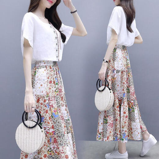 
AIMANJIE light luxury fashion brand casual dress for women in summer new high-end women's fashion temperament waist-hugging fairy suit skirt picture color [top + skirt suit] L (recommended 110-120Jin [Jin equals 0.5 kg])