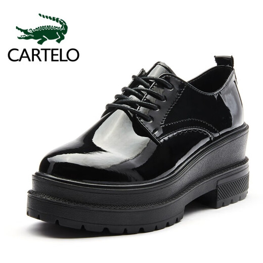 CARTELO Crocodile CARTELO Women's Shoes Korean Style Platform Shoes Versatile Thick Sole Heightening Lace Up Small Leather Shoes KDLYJ-WF126 Black 37/235 (1.5)