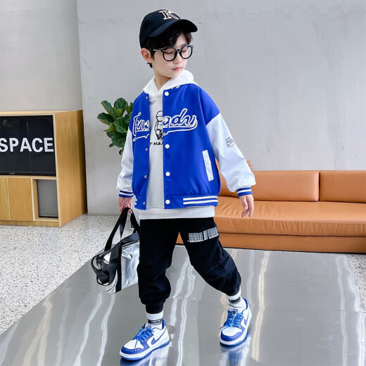 Wisdom Tribe Children's Clothing Boys' Jackets Spring and Autumn Clothes 2022 New Children's Jackets Korean Style Medium and Large Children's Baseball Uniforms Little Boys Short Jacket Jackets Trendy 3-15 Blue Size 110 Recommended height is about 1 meter