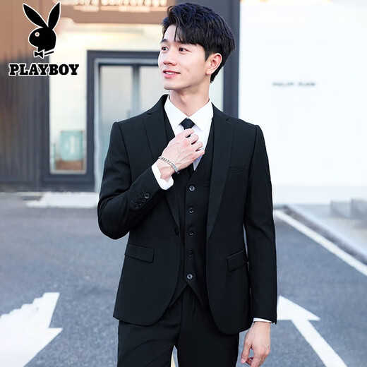 Playboy High-end Suit Suit Men's Business Casual Groom and Groomsman Suit Three-piece Formal Clothes Men's Black One Button (Single-piece Suit) 2XL