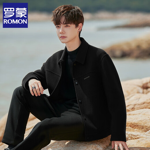 ROMON double-sided woolen woolen coat jacket men's short Korean style autumn and winter new men's high-end casual windbreaker jacket black XL