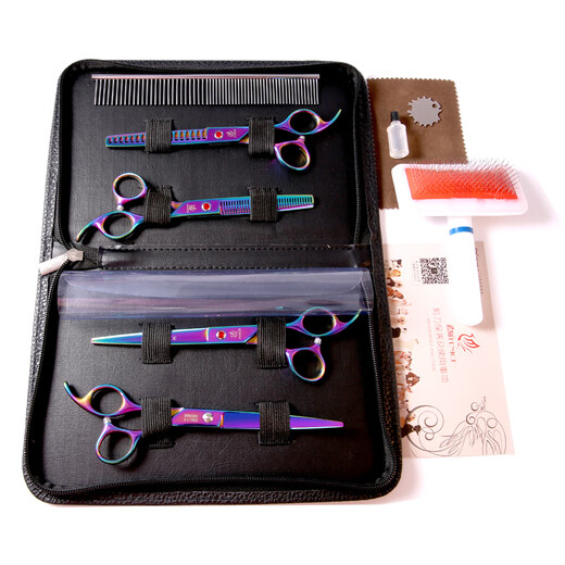 Black Bird Pet Scissors Home Dog Hair Curved Scissors Trimming Shearing Scissors Pet Grooming Scissors Tool Set Seven Colors (Dental Scissors + Curved Scissors)