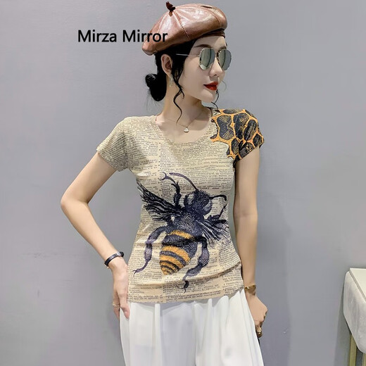蜜莎蜜拉（Mirza Mirror）创意印花短袖T恤女2024夏季新款欧货设计感修身洋气半袖体恤上衣 7029# S