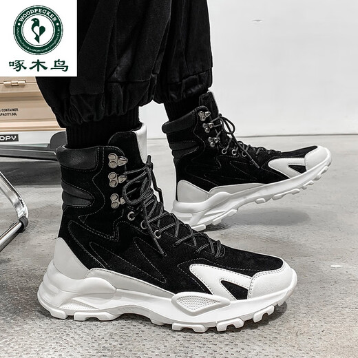Woodpecker Martin boots men's spring and autumn winter men's shoes high top men's work boots long tube plus velvet cotton shoes Internet celebrity motorcycle leather boots white and black-added velvet style 43