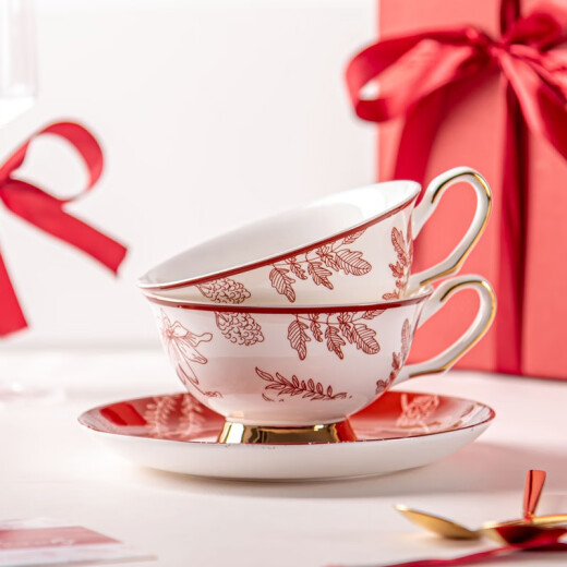 SUCCOHOMEWARE sent a Chinese style coffee cup set for home ceramic Chinese tea set afternoon tea drinking cup wedding gift box 2 coffee cups saucer spoon - all gold red gift box 0ml