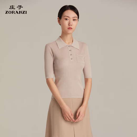 ZORANZI 庄子女装夏季POLO领针织衫女士桑蚕丝气质上衣WKR12164 幸运米色-WKR12164 L 165/88A
