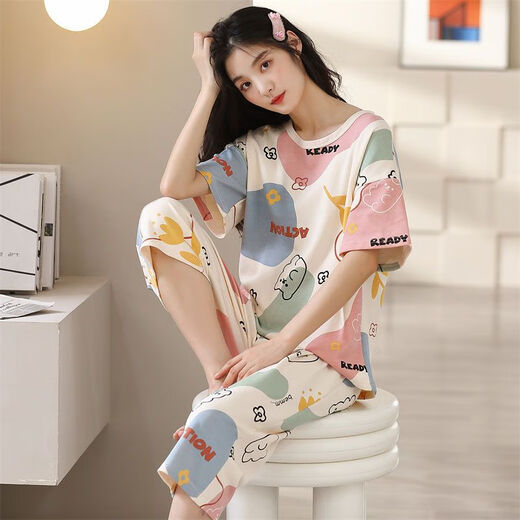 Modal Pure Cotton Pyjamas für Frauen im Sommer kurzärmeligte Hosenanzuganzug losen Frühling und Sommer können draußen Heimkleidung tragen. Kurzärärmelte geschnittene Hosen 679 L_Suggested 98-115jin [Jin ist gleich 0,5 kg]