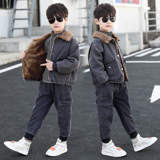 Taodimao children's clothing boys' suits autumn and winter 2020 new denim clothing children's thickened two-piece suit medium and large children's clothing two-piece suit children's autumn and winter denim plus fleece jacket pants gray 150 (recommended height is about 140)