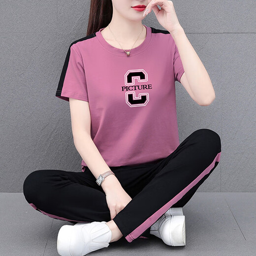 NY-EMMA-Sportanzug für Frauen mit kurzärärmigem Sommer-High-End-modisch altersreduzierender Cotton Cason und modischer Quadrat-Tanzanzug mit zweiteiler Set 692 Orange (Hosenanzug) XL (Empfohlen 110-125 Jin [Jin gleich 0,5 kg]))