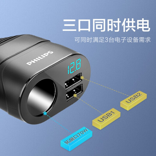 Philips (PHILIPS) car charger with expansion port 4.8A dual USB socket voltage monitoring 70W output DLP3527N