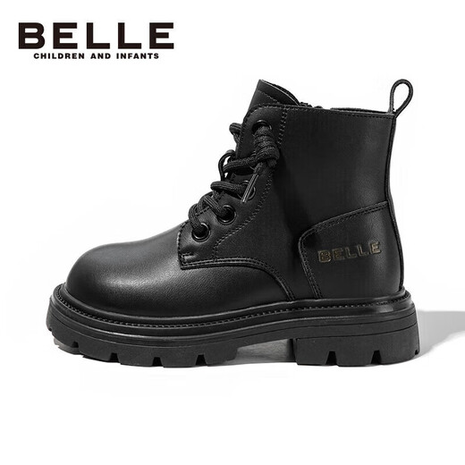 Belle children's shoes winter children's boots girls fashion leather boots baby warm plus fleece Martin boots black size 35