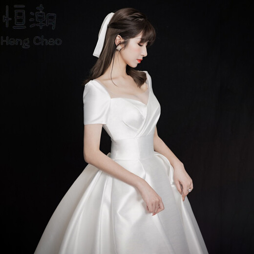 Hengchao (hengchao) French light wedding dress for pregnant women with high waist to cover belly 2020 new bride wedding welcome door dress palace dress with tail off-white tail style L