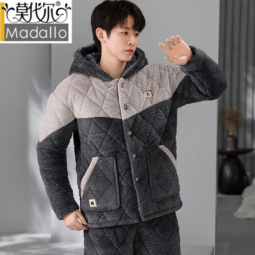 MODAL CORAL VELVET PYJAMAS FÜR MÄNGER DER DREIDE DIREKTIERTE COTWONTE PLUS Samt Flanellflanell warmer Kapuzenbekleidungsanzug Männer 831 Grau [Knopf] L empfohlen 100-125 Jin [Jin entspricht 0,5 kg]