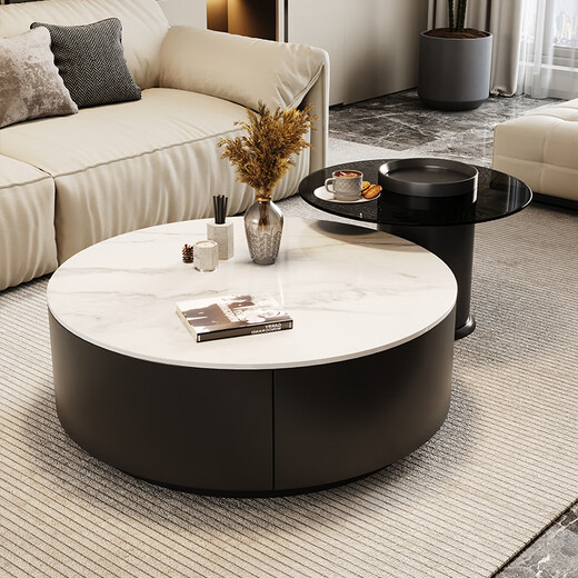 Mosu high-end slate coffee table living room light luxury coffee table size apartment household table gray glass round modern simple coffee table cloud white + gray glass combination 80+60 complete set