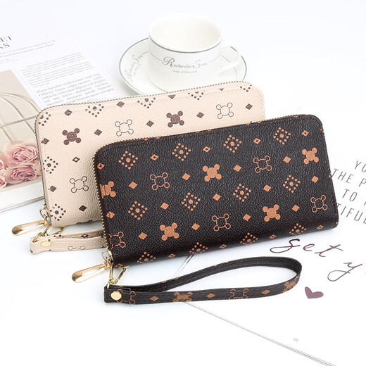 酷奇袋鼠【轻奢品牌】大容量拉链钱包女士长款时尚女式钱夹手拿包七夕手机 D款卡其色