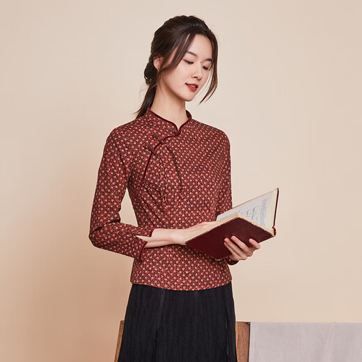 Bu Fu Autumn New Original Retro Print Fashion Republic of China Improved Chinese Tang Suit Cheongsam Top Women Chinese Red M