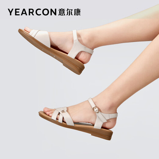 Yierkang women's shoes flat sandals for women with wedges for summer genuine leather breathable middle-aged mother's sandals wearing soft-sole anti-slip beach shoes beige 38