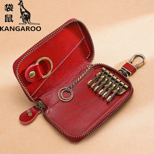 Kangaroo (KANGAROO) large capacity zipper key bag for men's waist-hung real cowhide women's general vehicle multi-function household key bag small wine red