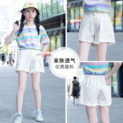 小猪彼特（PIG&PETER）女童白色短裤夏季外穿儿童洋气裤子夏款薄款女孩夏装牛仔裤中大童 1429白色+3431粉色【短袖套装】 170 cm