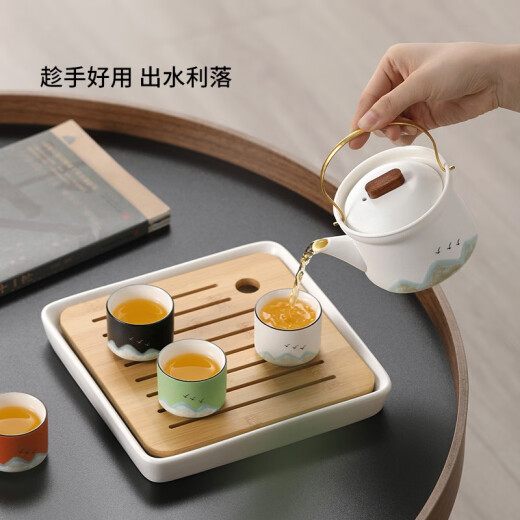 Unclumsy Kung Fu Tea Set 2023 New Household Ceramic Teapot Japanese Style Purely Hand-painted Simple Tea Cup Tea Tray Small Set 2-Zhiyuan Lu Baobai (4 Cup Slow Drinking Edition Set)
