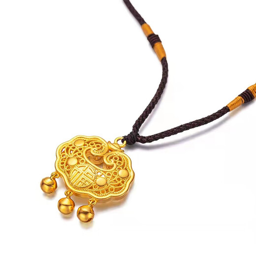 Fat Donglai's same style k gold longevity lock gold pendant for women 3D hard gold blessing word peace lock gold necklace gold bell turn the world around and transfer braided rope + peace lock 8g