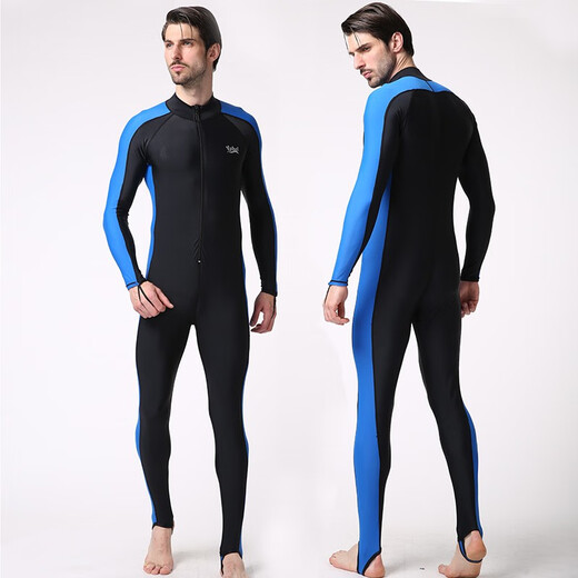 Ziwuqian men's wetsuit thin swimsuit plus size snorkeling wetsuit for teenagers sun protection surfing long-sleeved one-piece swimsuit black and sapphire blue 4XL one size fits all