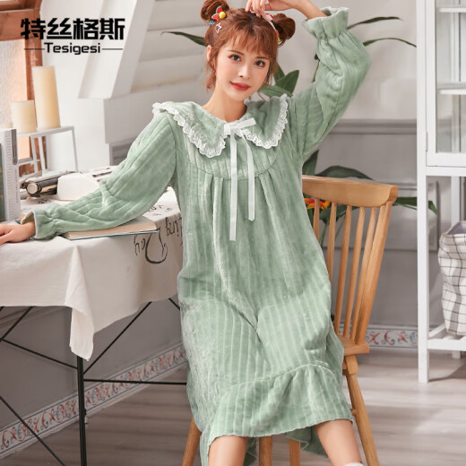 Tessgus pajamas for women in autumn and winter thickened coral velvet nightgown princess style sweet and cute flannel home wear long maternity skirt fruit green M