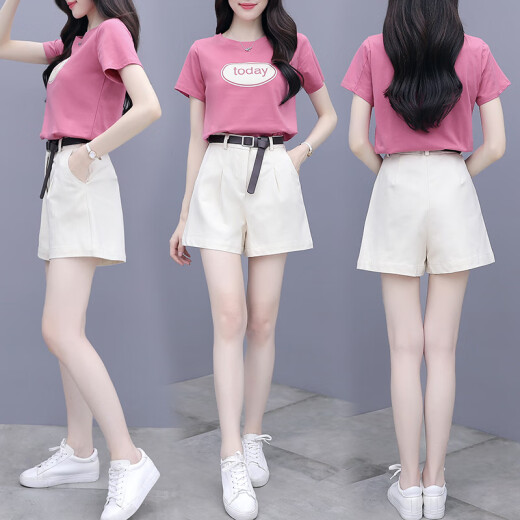 Ophron shorts women's suit 2022 summer new women's short-sleeved t-shirt casual fashion foreign style age reduction small man taller two-piece 9697 pink suit M