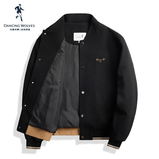 Dances with Wolves Wool Jacket Men's Fashion Casual Contrast Color Stripe Embroidered Jacket Baseball Collar 001 Black-Basic 175