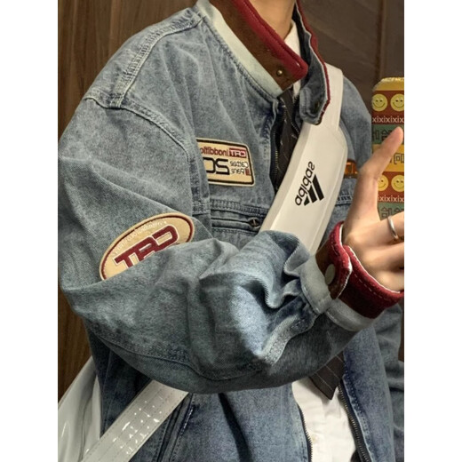 Poke American Motorcycle Denim Jacket Men's Spring and Autumn New High Street Fashion Brand Label Retro Loose Casual Jacket Blue XL 135-150Jin Jin is equal to 0.5 kg