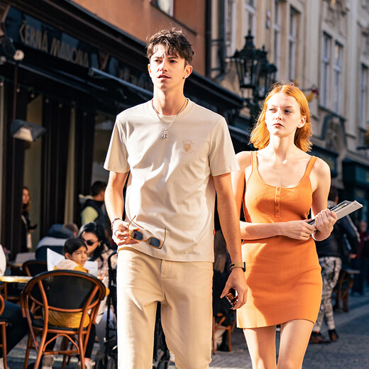 Mr. Bu Bu Fashion Printed Pure Cotton T-shirt Men's 2025 Spring and Summer New Round Neck Short Sleeve Simple and Versatile GT15253 Yami Apricot XL (180)