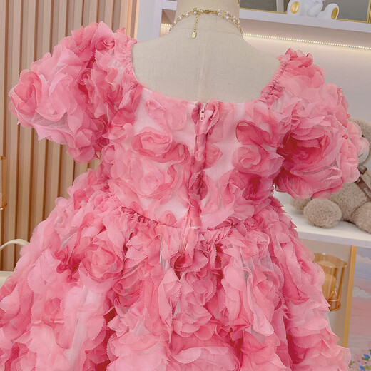 Anne Youer Girls Dress Summer 2025 New Children's Internet Celebrity Three-dimensional Flower French Princess Dress Girls Summer Dress Pink 110